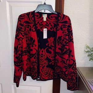 Chico’s Red and Black Jacquered Cardigan